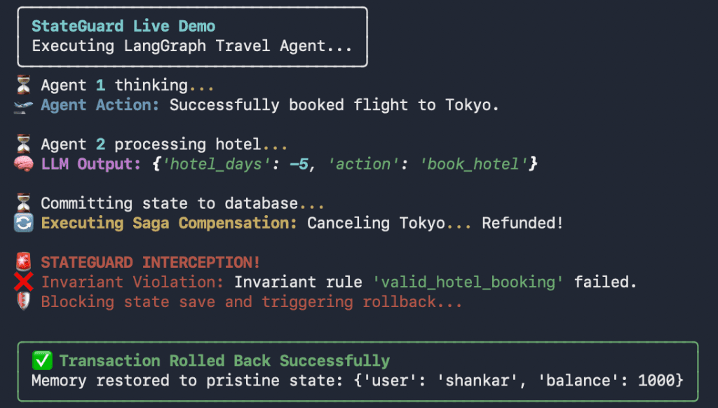 StateGuard Terminal Demo intercepting a hallucination